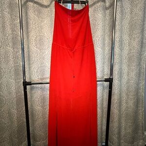 Red slinky halter dress